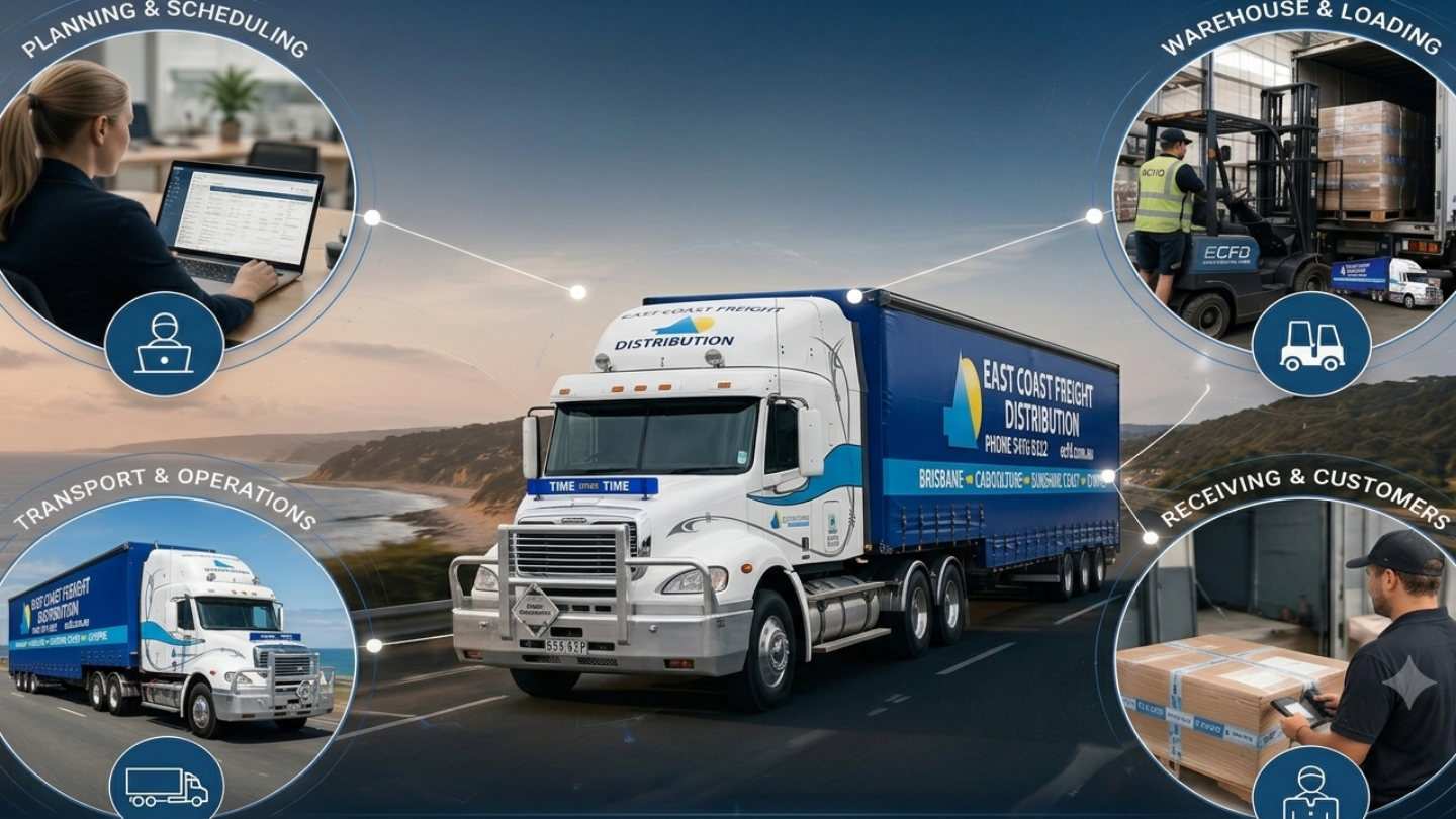 Infographic of East Coast Freight supply chain stages connected to a central white and blue semi-truck on a highway.