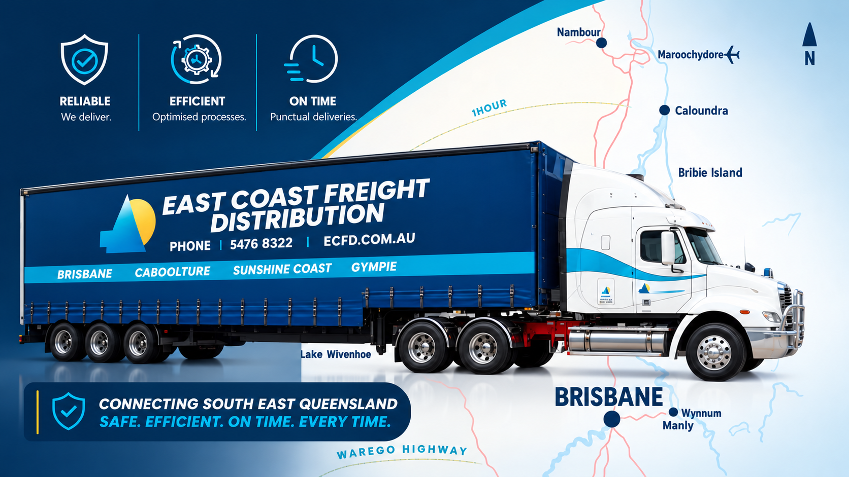 Large blue ECFD semi-truck on a map background.